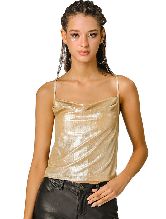 Women's Metallic Glitter Spaghetti Strap Camisole Cowl Neck Sparkly Club Top