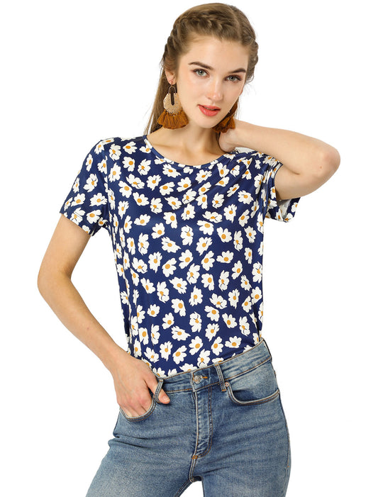 Women's Daisy Floral Top Crew Neck Short Sleeve Summer T-Shirt