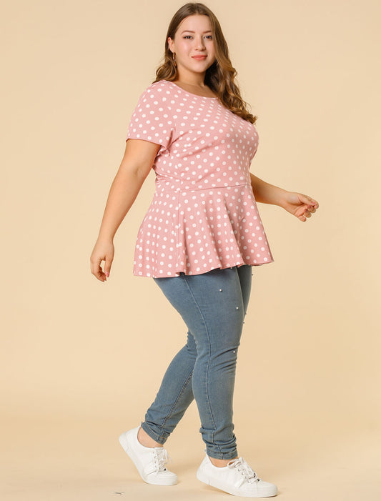 Women's Plus Size Short Sleeve Polka Dots Peplum Top