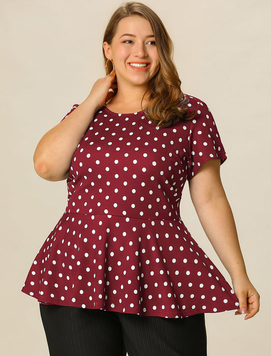 Women's Plus Size Short Sleeve Polka Dots Peplum Top