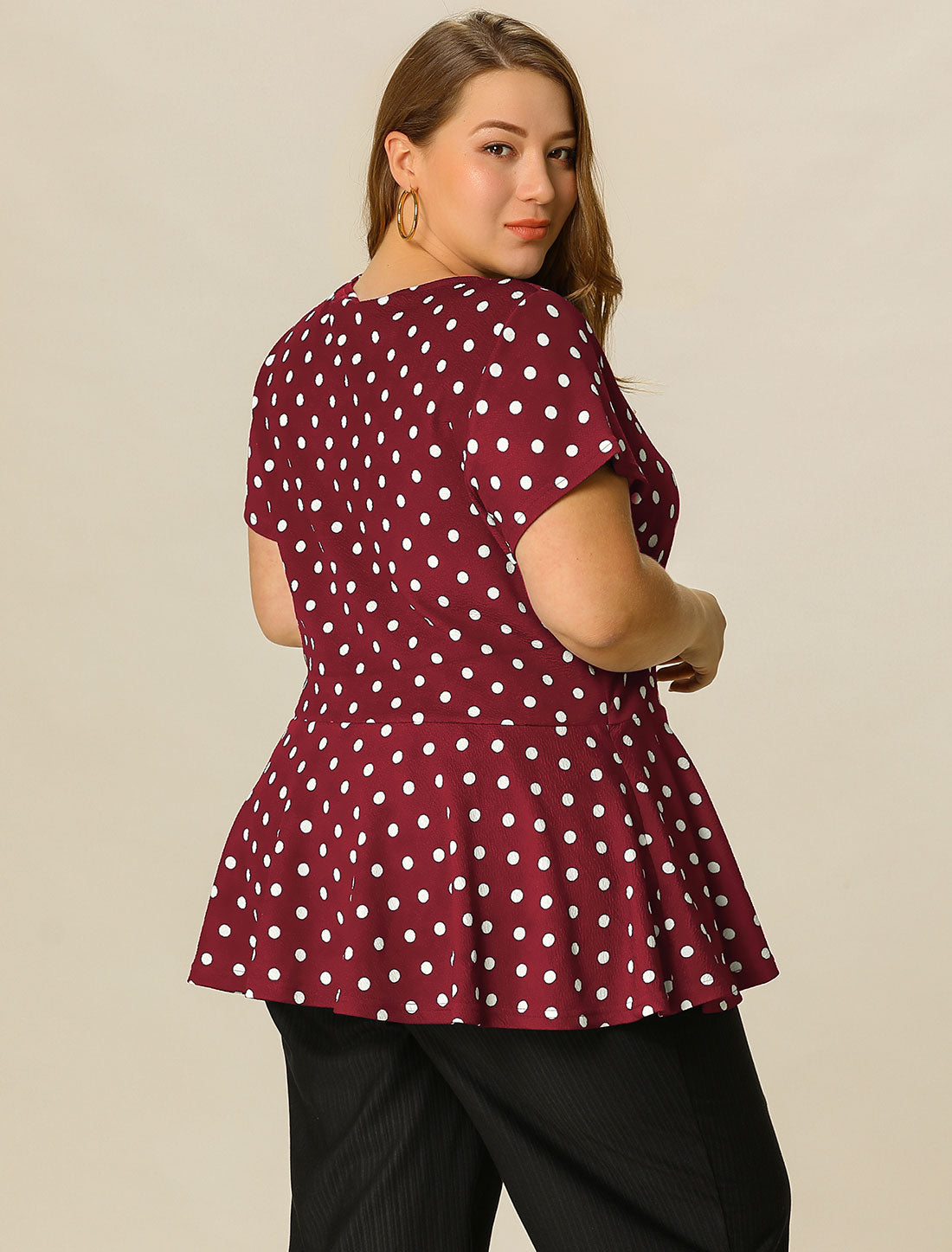 Women's Plus Size Short Sleeve Polka Dots Peplum Top