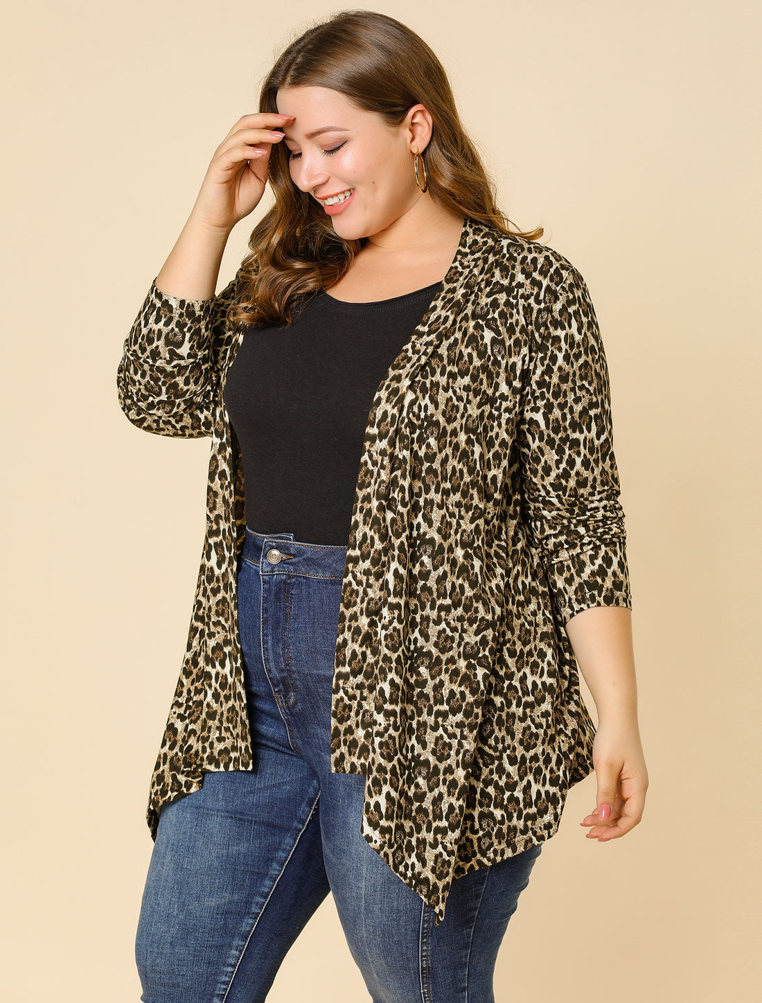 Women's Plus Size Cardigans Open Front Asymmetric Hem Printed Lightweight Jacket Fall Knit Cardigan