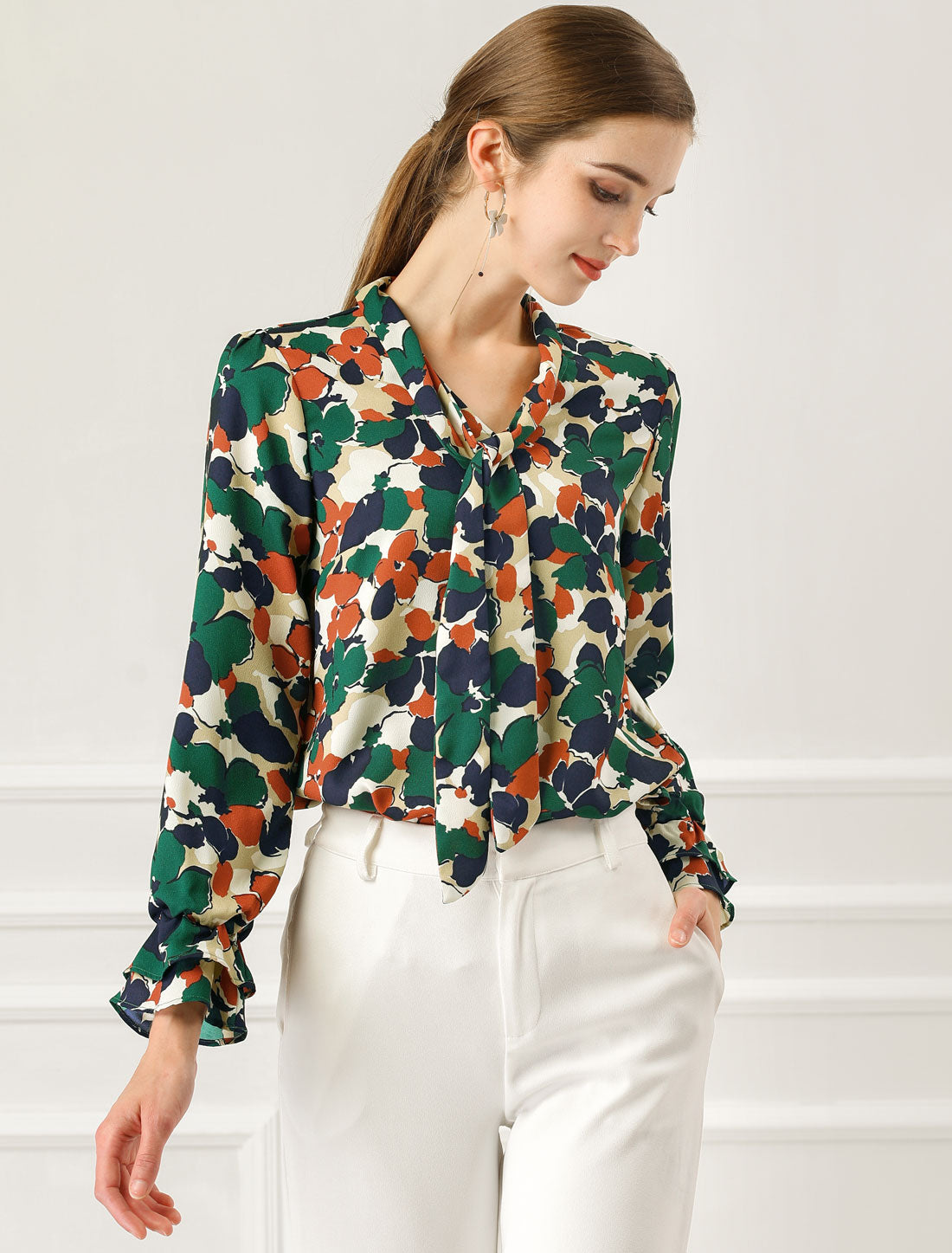 Women's Long Sleeve Blouse Floral Tie Neck Chiffon Ruffle Top