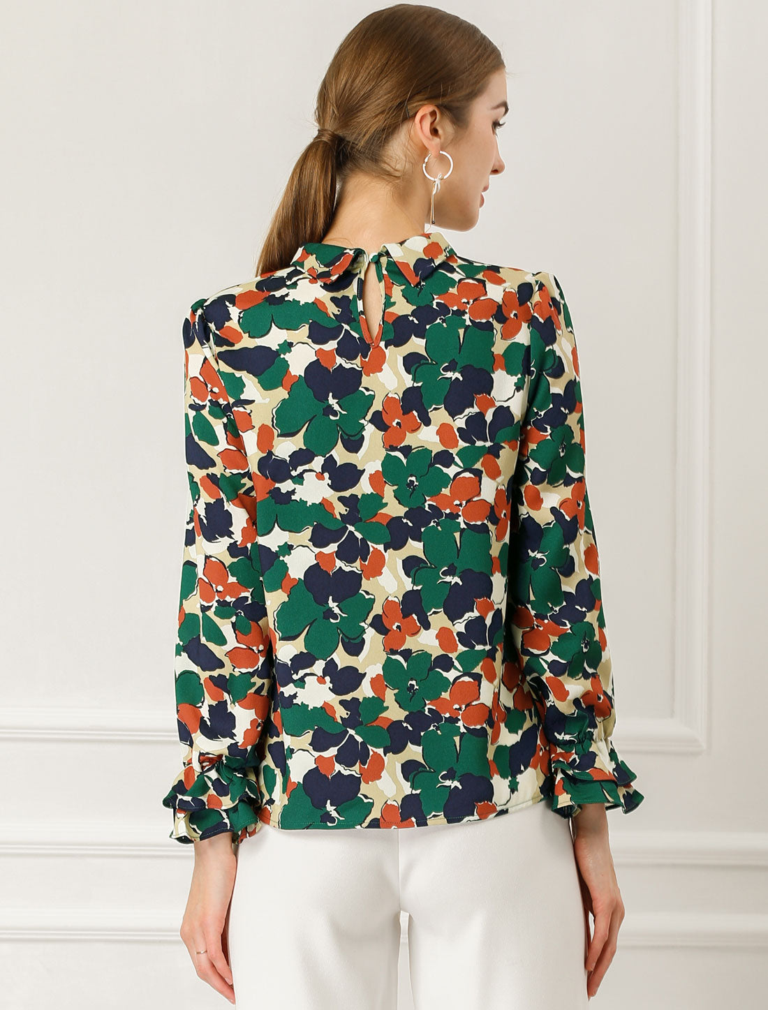 Women's Long Sleeve Blouse Floral Tie Neck Chiffon Ruffle Top