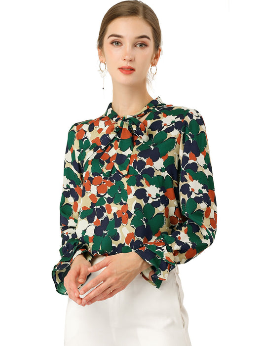 Women's Long Sleeve Blouse Floral Tie Neck Chiffon Ruffle Top