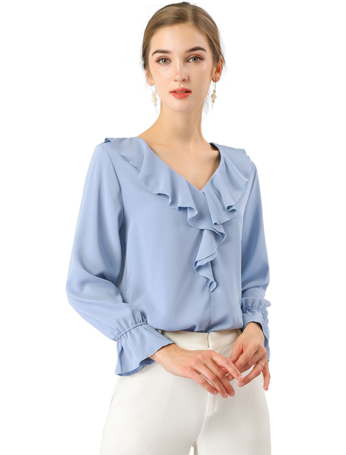 Women's Ruffle Blouse Elegant V Neck Long Sleeve Casual Dressy Top (Available in Plus Size)