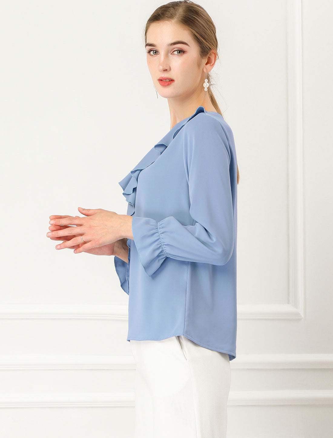 Women's Ruffle Blouse Elegant V Neck Long Sleeve Casual Dressy Top (Available in Plus Size)