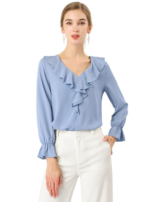 Women's Ruffle Blouse Elegant V Neck Long Sleeve Casual Dressy Top (Available in Plus Size)