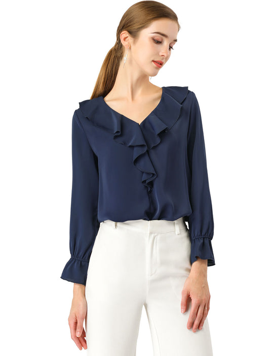 Women's Ruffle Blouse Elegant V Neck Long Sleeve Casual Dressy Top