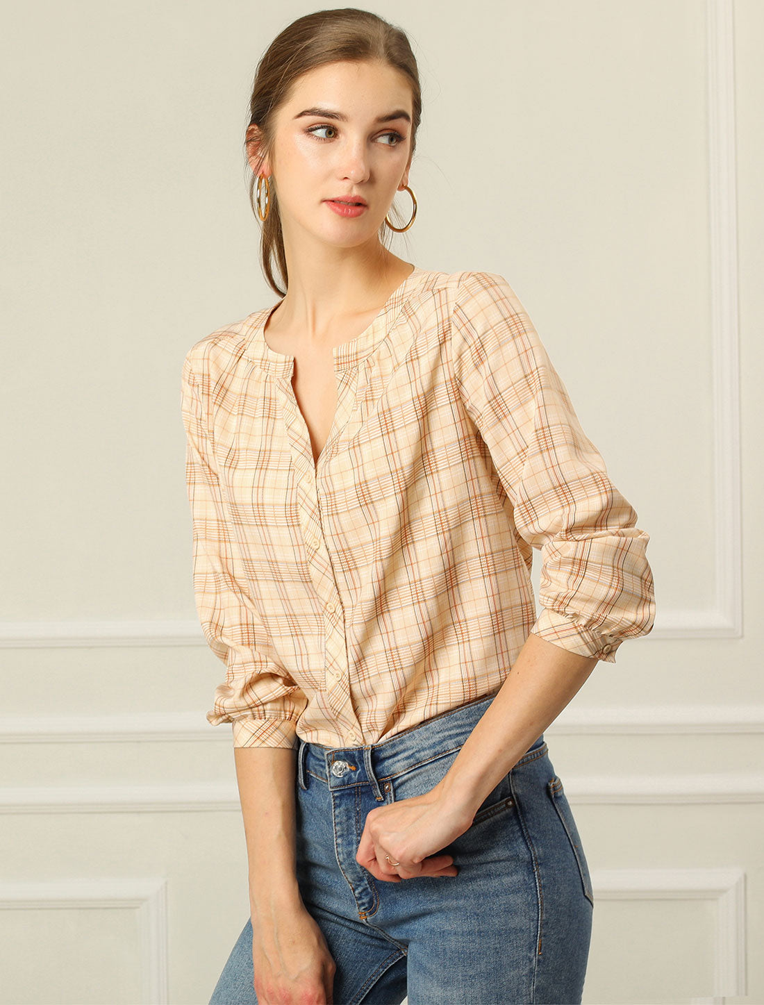 Women's Plaid Shirt Button Up V Neck Long Sleeve Top