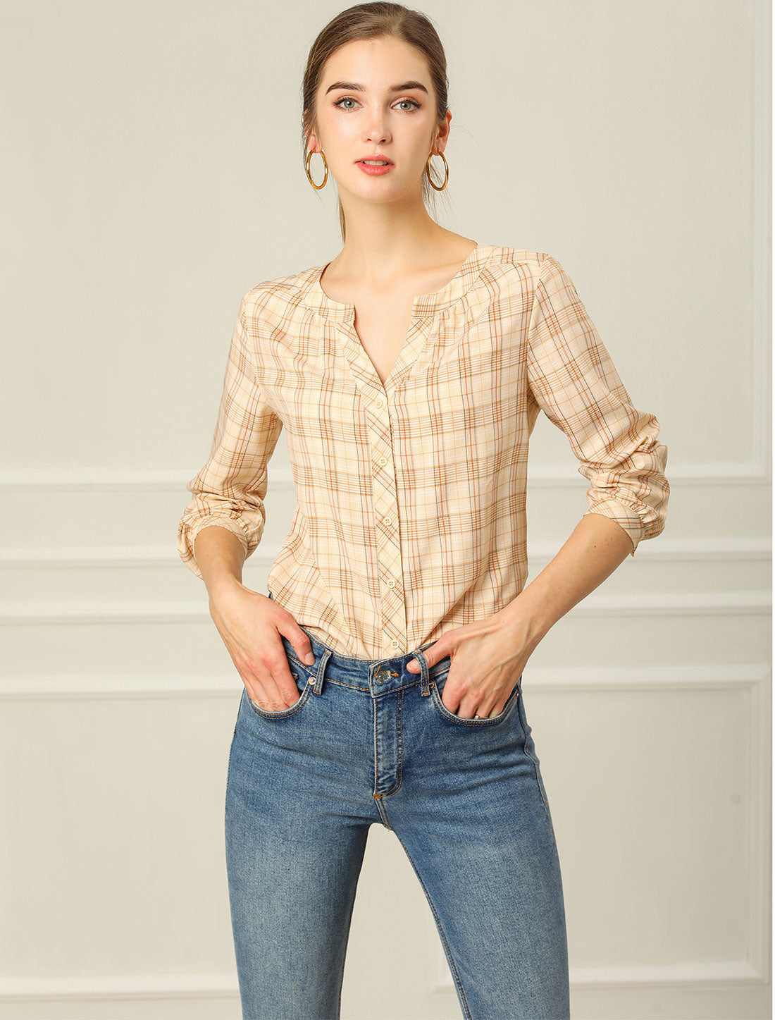 Women's Plaid Shirt Button Up V Neck Long Sleeve Top