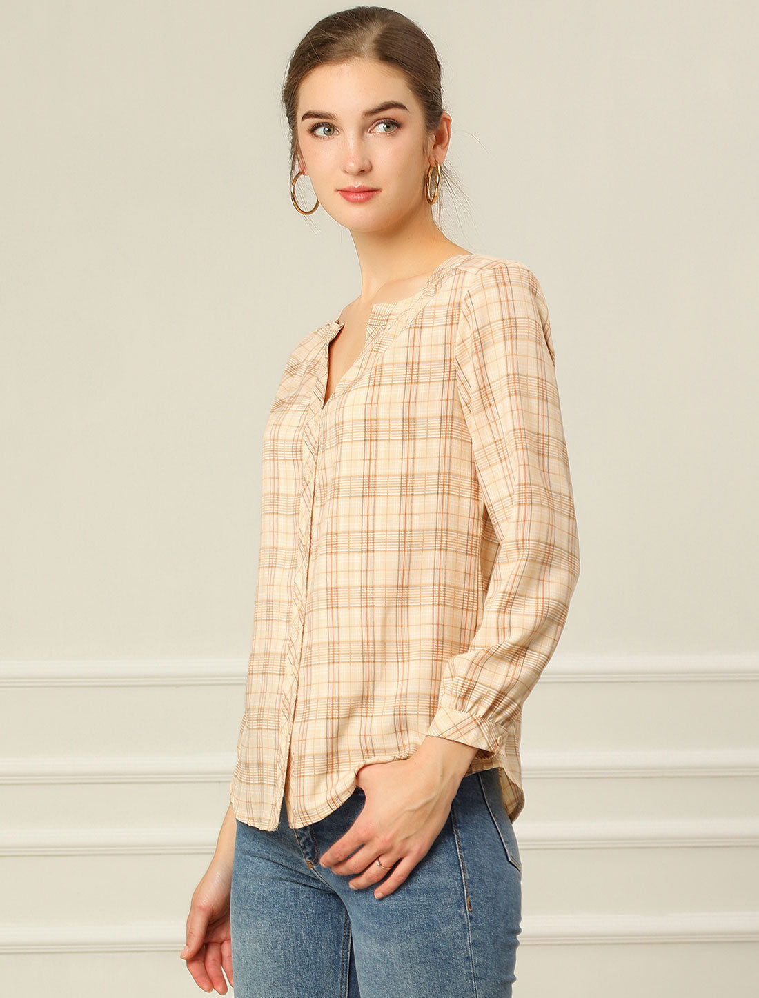 Women's Plaid Shirt Button Up V Neck Long Sleeve Top