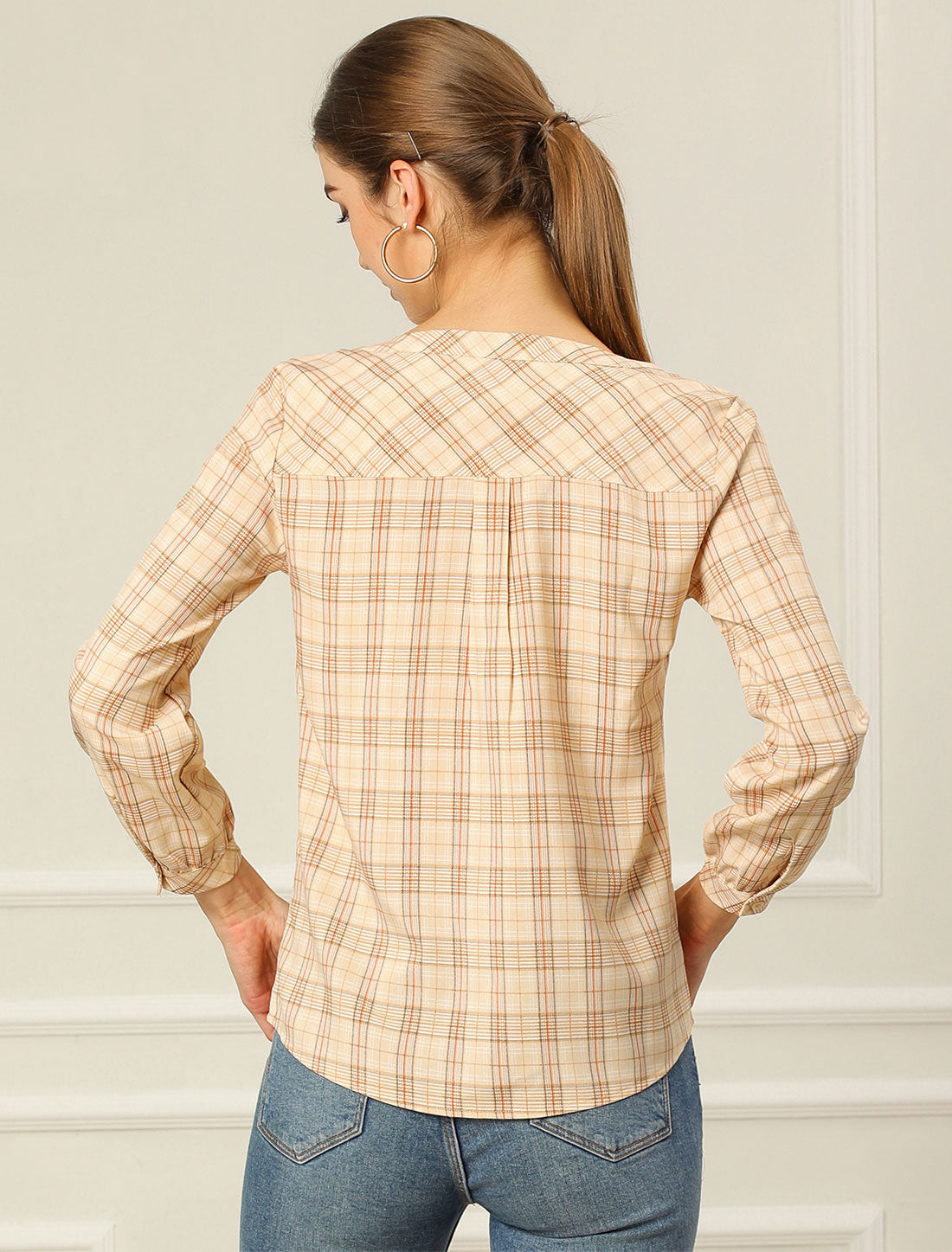 Women's Plaid Shirt Button Up V Neck Long Sleeve Top