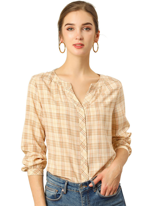 Women's Plaid Shirt Button Up V Neck Long Sleeve Top