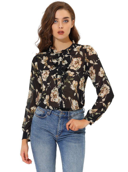 Women's Floral Blouse Shirt Long Sleeve Retro Ruffled Button Down Chiffon Top