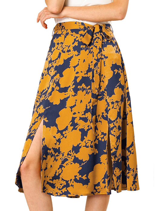 Women's Slits Front High Waist A-Line Belted Floral Flowy Midi Skirt