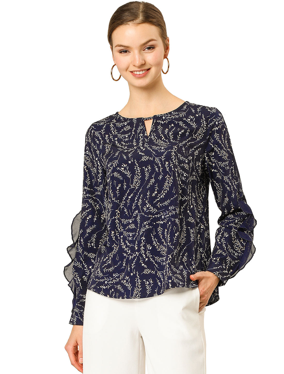 Blusa de encaje de manga larga con cuello en forma de ojo de cerradura y volantes florales para mujer