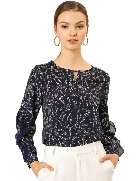 Blusa de encaje de manga larga con cuello en forma de ojo de cerradura y volantes florales para mujer