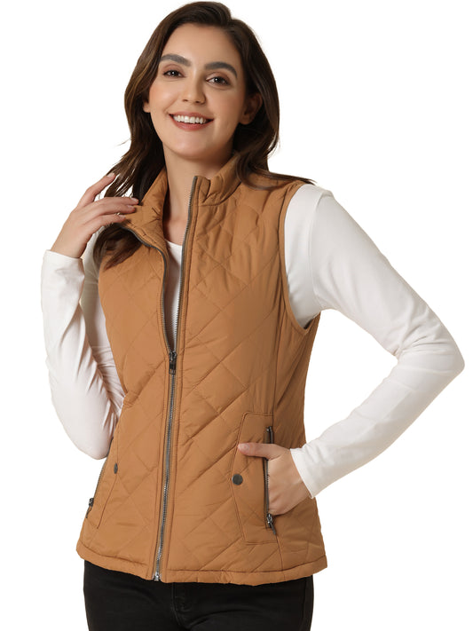Woman Zip Up Front Stand Collar Slant Pockets Quilted Padded Vest