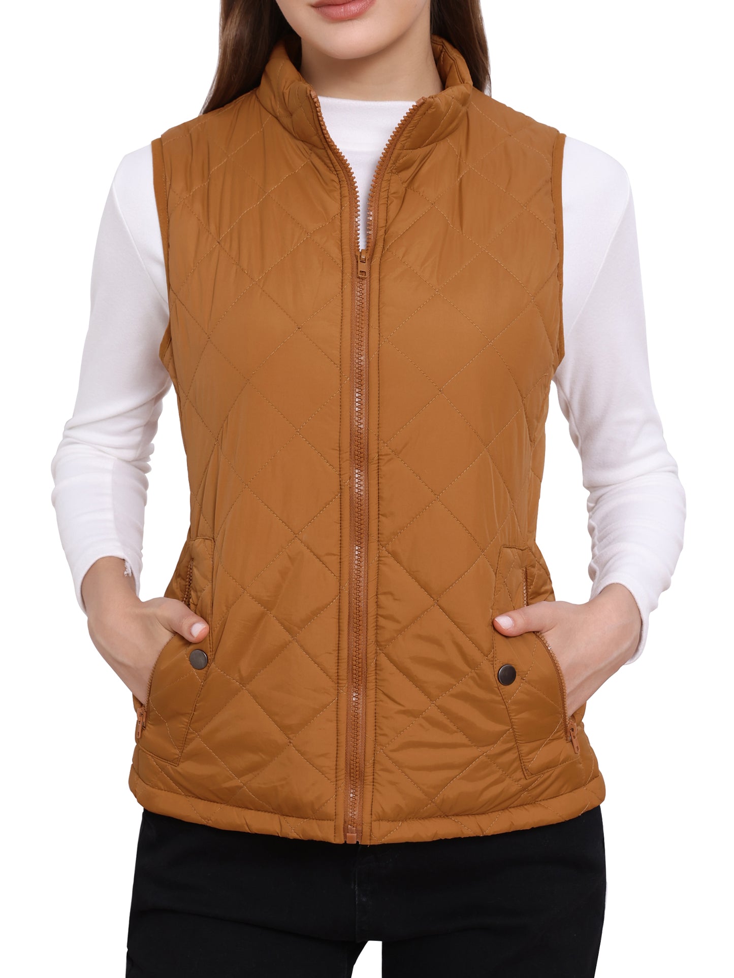 Woman Zip Up Front Stand Collar Slant Pockets Quilted Padded Vest (Available in Plus Size)