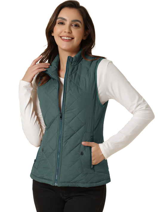 Woman Zip Up Front Stand Collar Slant Pockets Quilted Padded Vest