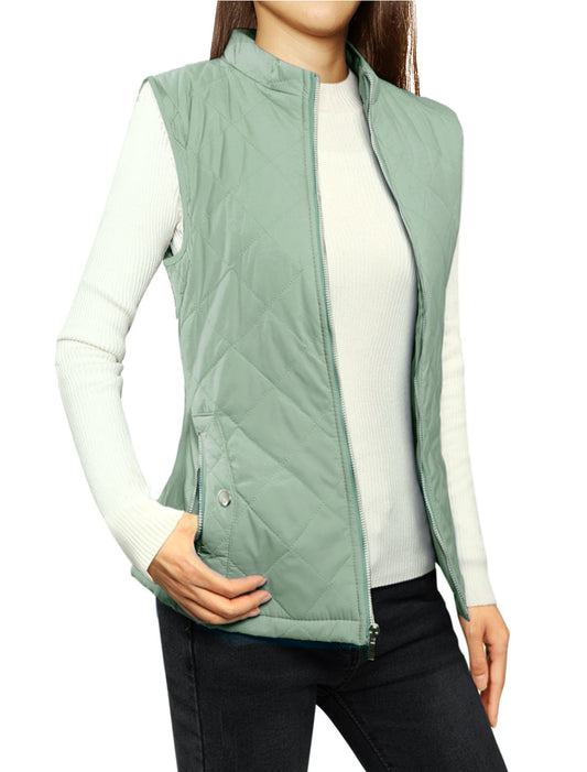 Woman Zip Up Front Stand Collar Slant Pockets Quilted Padded Vest