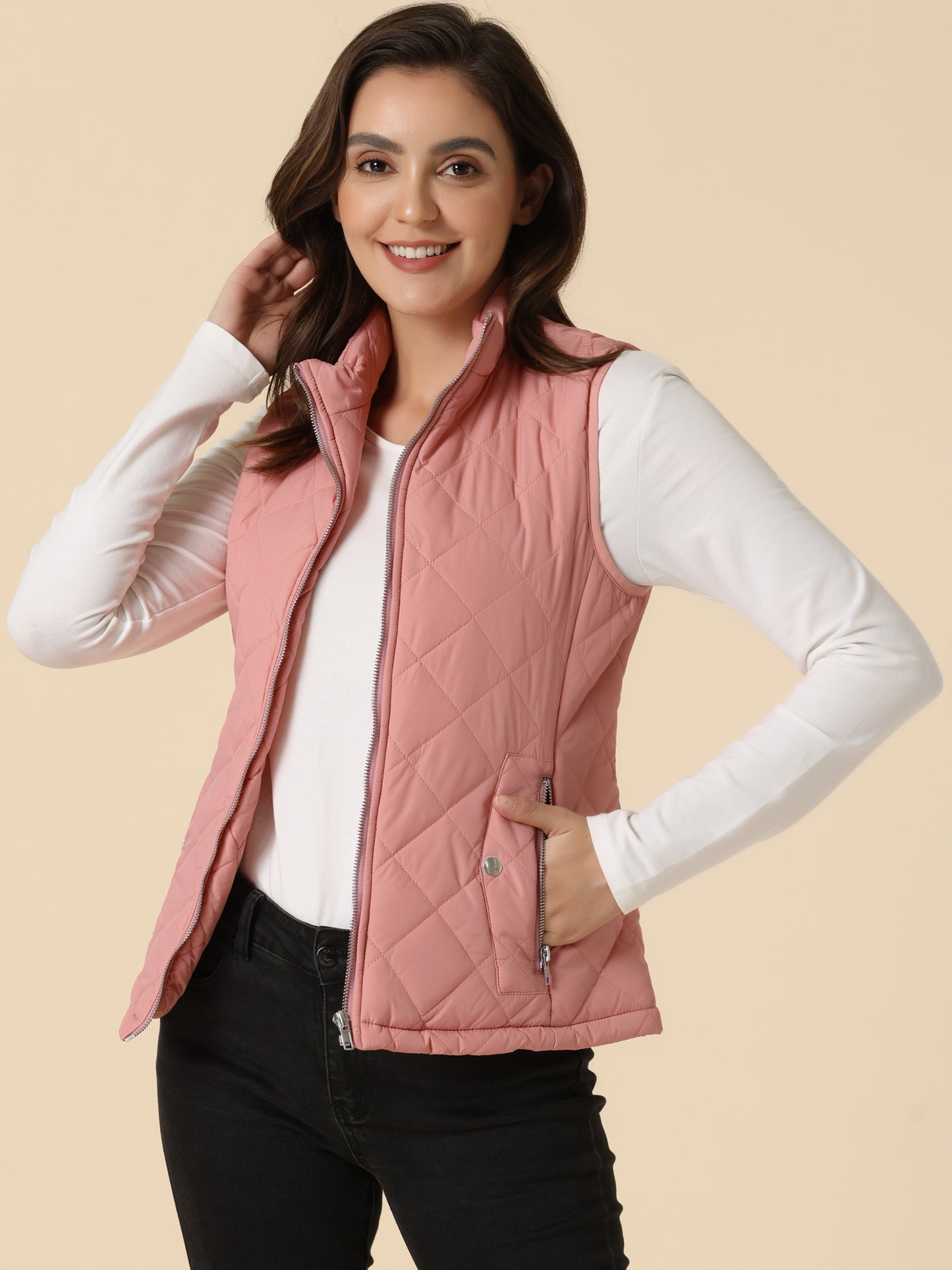 Woman Zip Up Front Stand Collar Slant Pockets Quilted Padded Vest