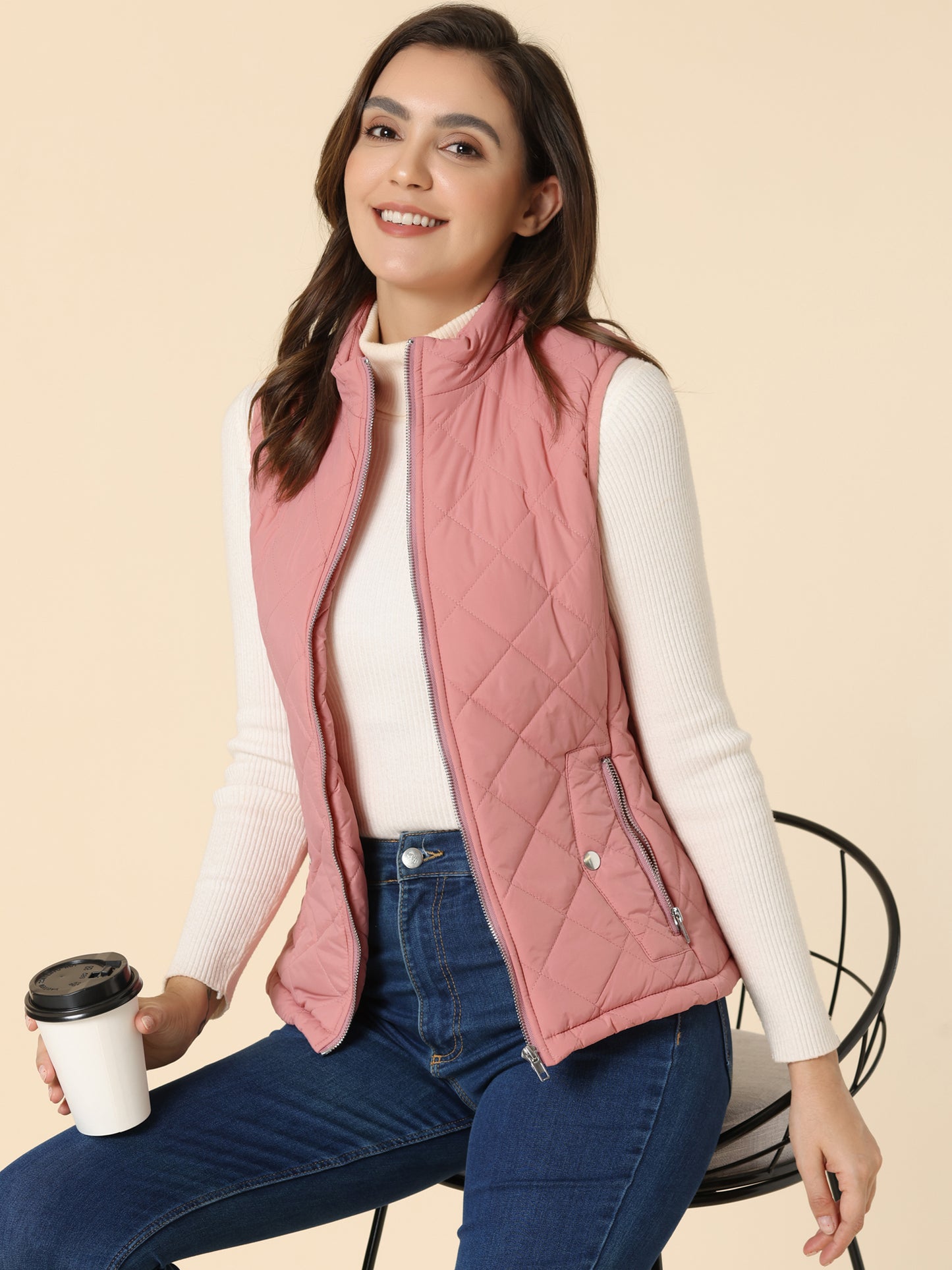 Woman Zip Up Front Stand Collar Slant Pockets Quilted Padded Vest