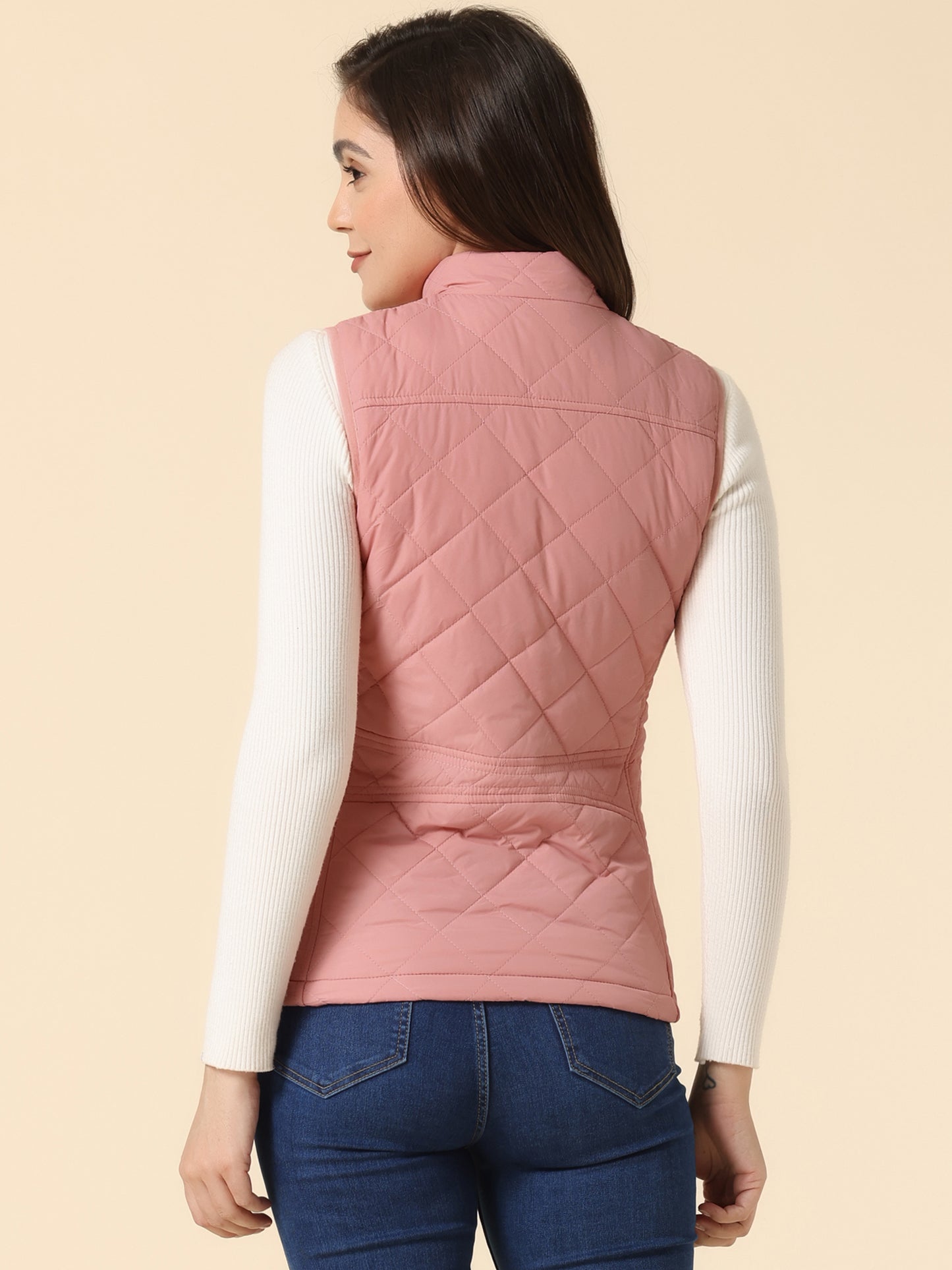 Woman Zip Up Front Stand Collar Slant Pockets Quilted Padded Vest