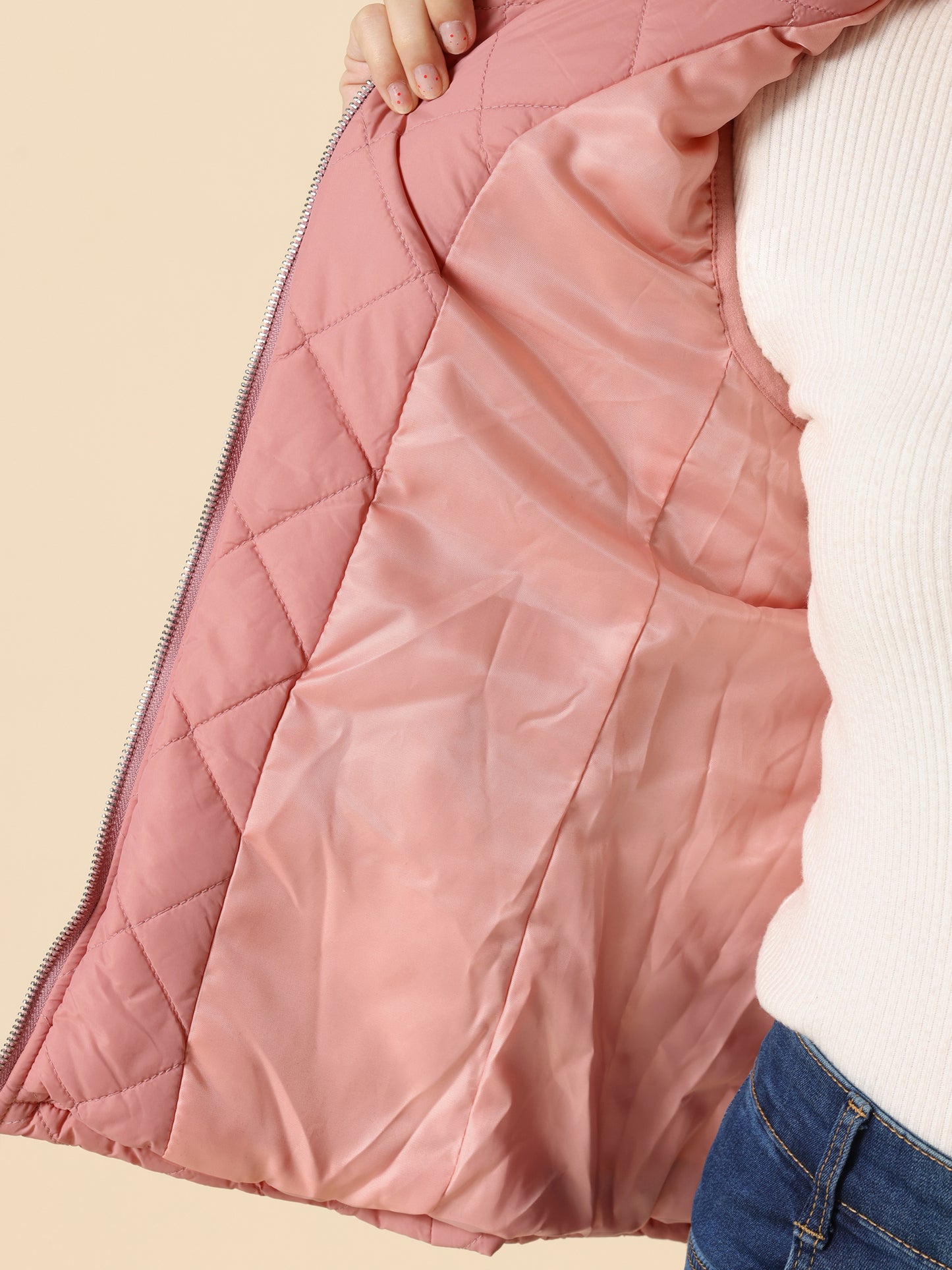 Woman Zip Up Front Stand Collar Slant Pockets Quilted Padded Vest