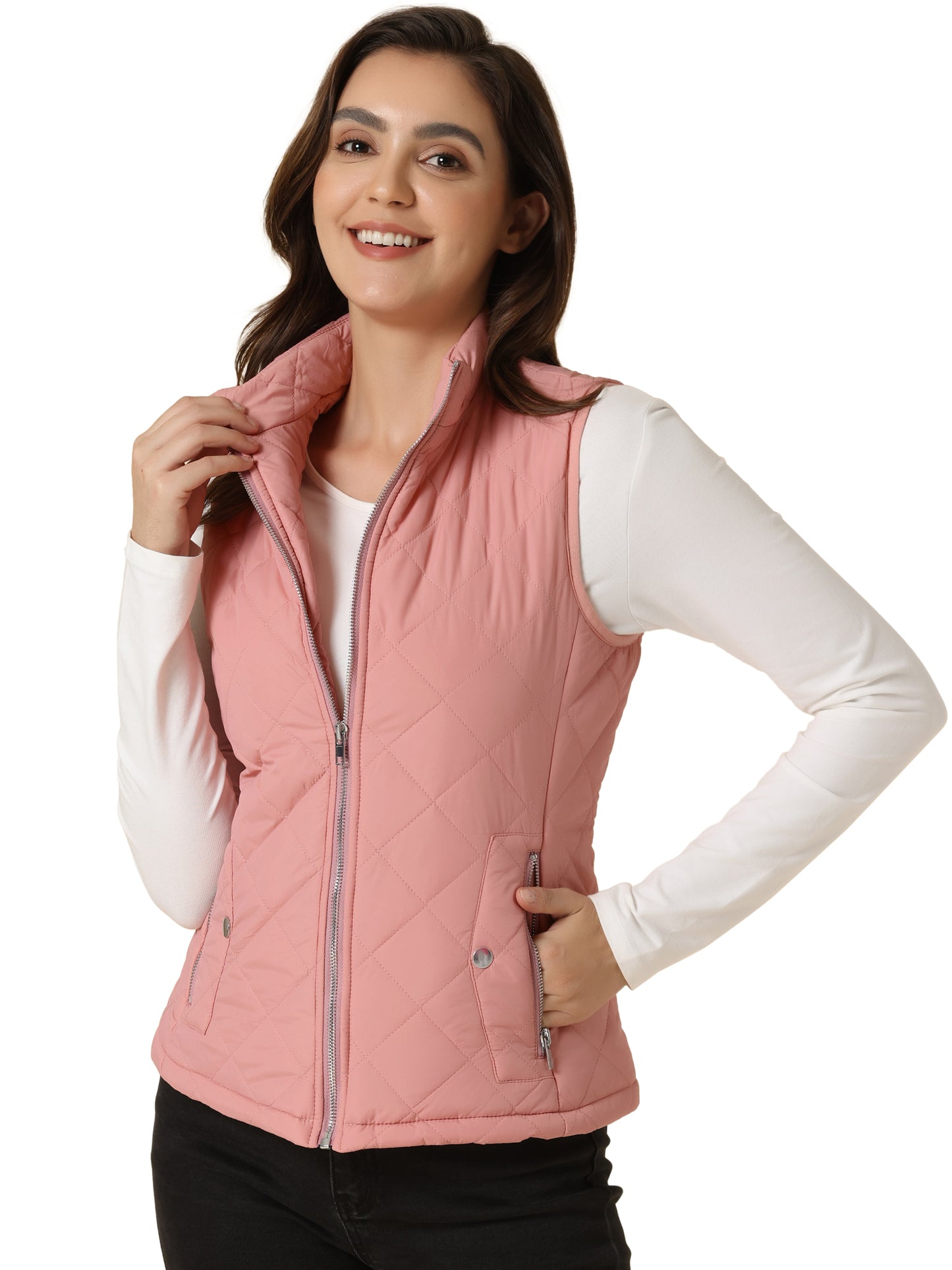 Woman Zip Up Front Stand Collar Slant Pockets Quilted Padded Vest