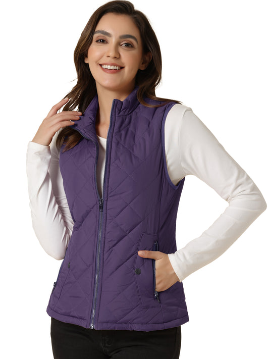 Woman Zip Up Front Stand Collar Slant Pockets Quilted Padded Vest