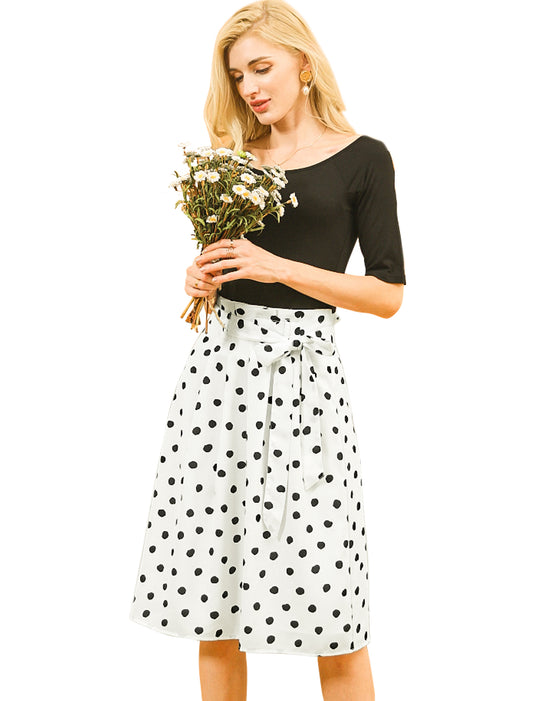 Women's Retro Belted Elastic High Waist A-Line Printed Midi Skirt