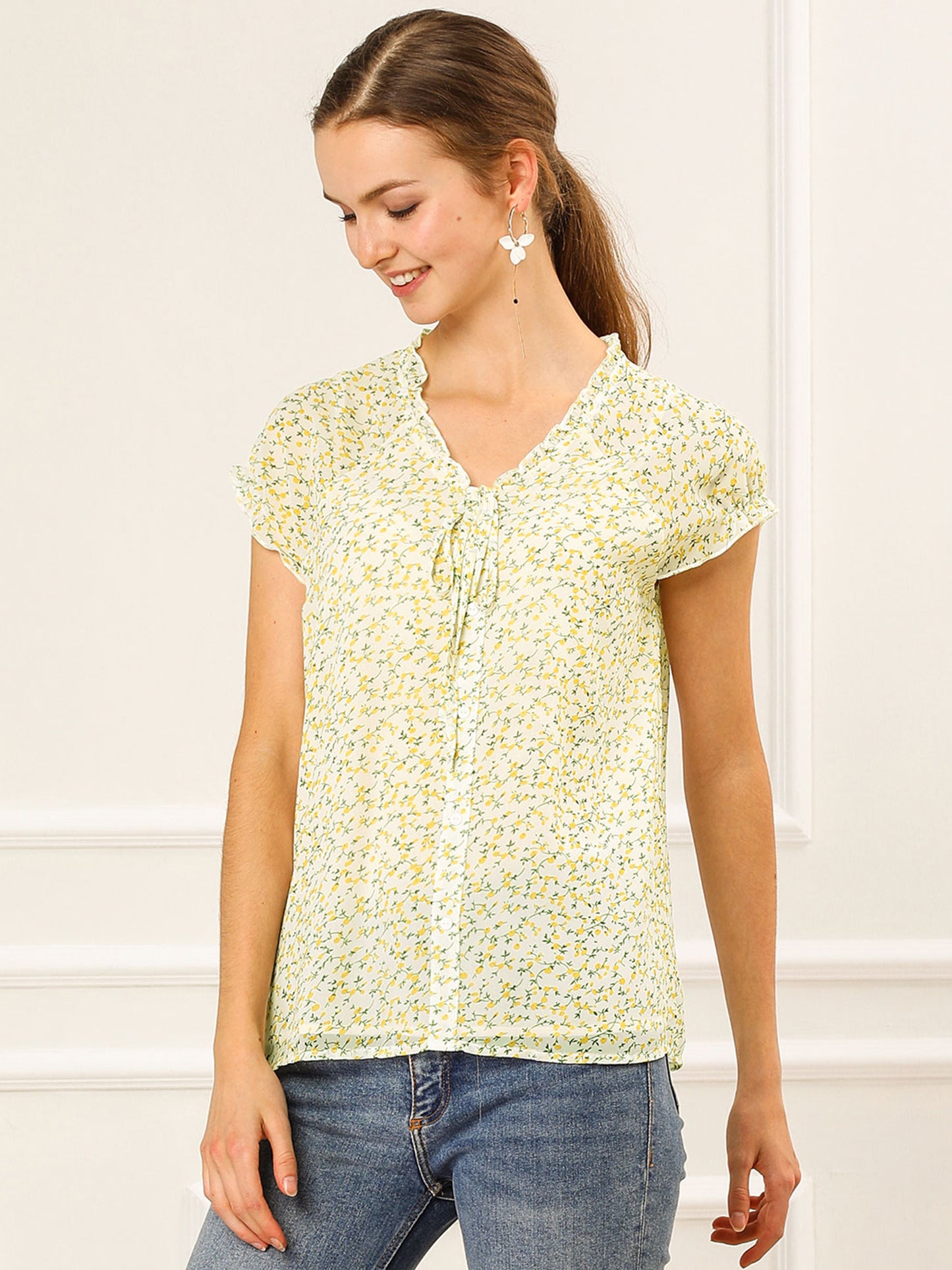 Blusa de gasa con volantes, mangas cortas y cuello en V con estampado floral de verano para mujer