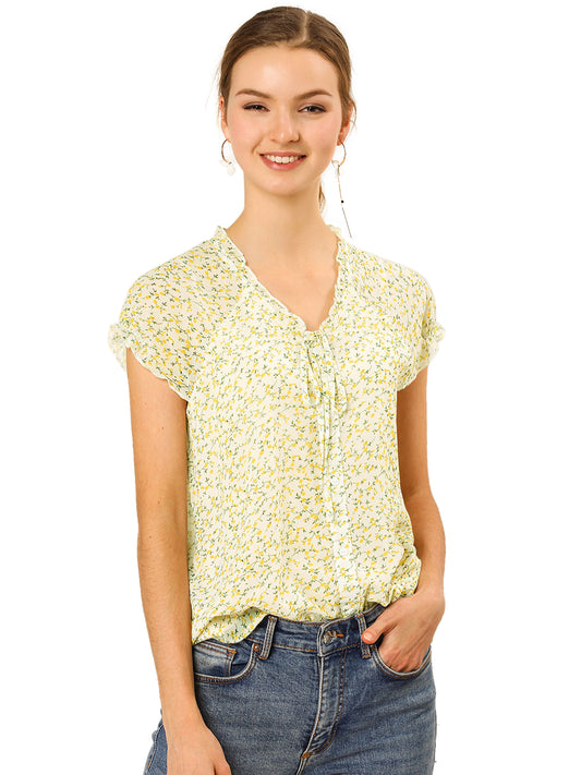 Blusa de gasa con volantes, mangas cortas y cuello en V con estampado floral de verano para mujer