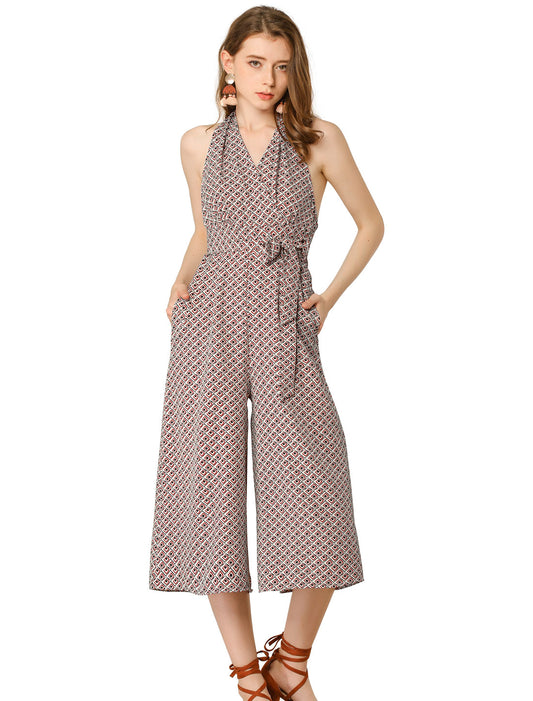 Women's Cropped Wide Leg Jumpsuit Halter Sleeveless Backless Plaid Tile Crop Jumpsuits