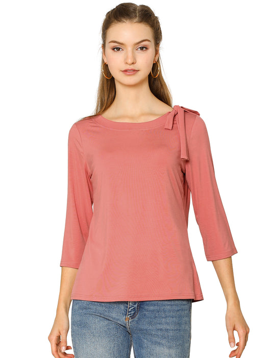 Camiseta informal de color liso con cuello barco y mangas 3/4 para mujer