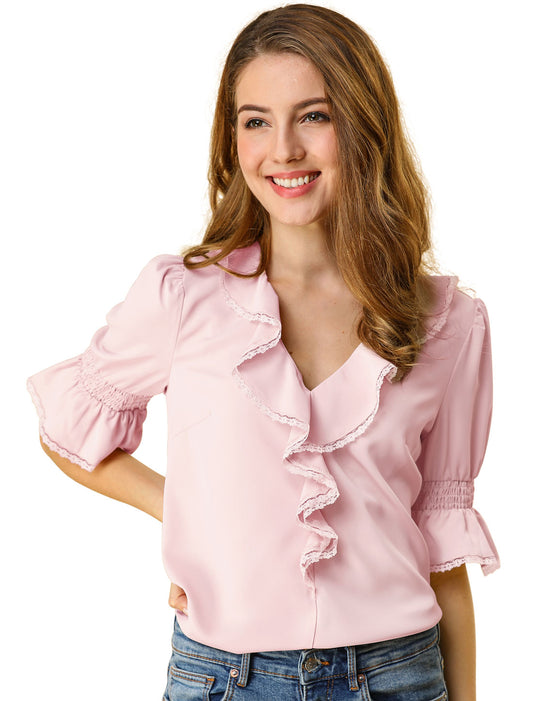 Women's Ruffle V Neck Puff Sleeve Blouse Summer Casual Chiffon Top (Available in Plus Size)
