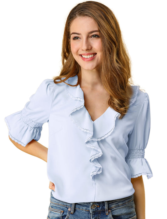Women's Ruffle V Neck Puff Sleeve Blouse Summer Casual Chiffon Top