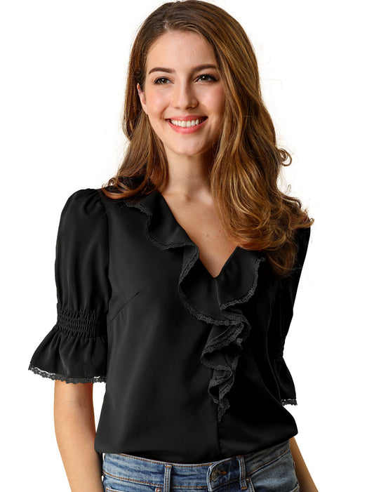 Women's Ruffle V Neck Puff Sleeve Blouse Summer Casual Chiffon Top (Available in Plus Size)