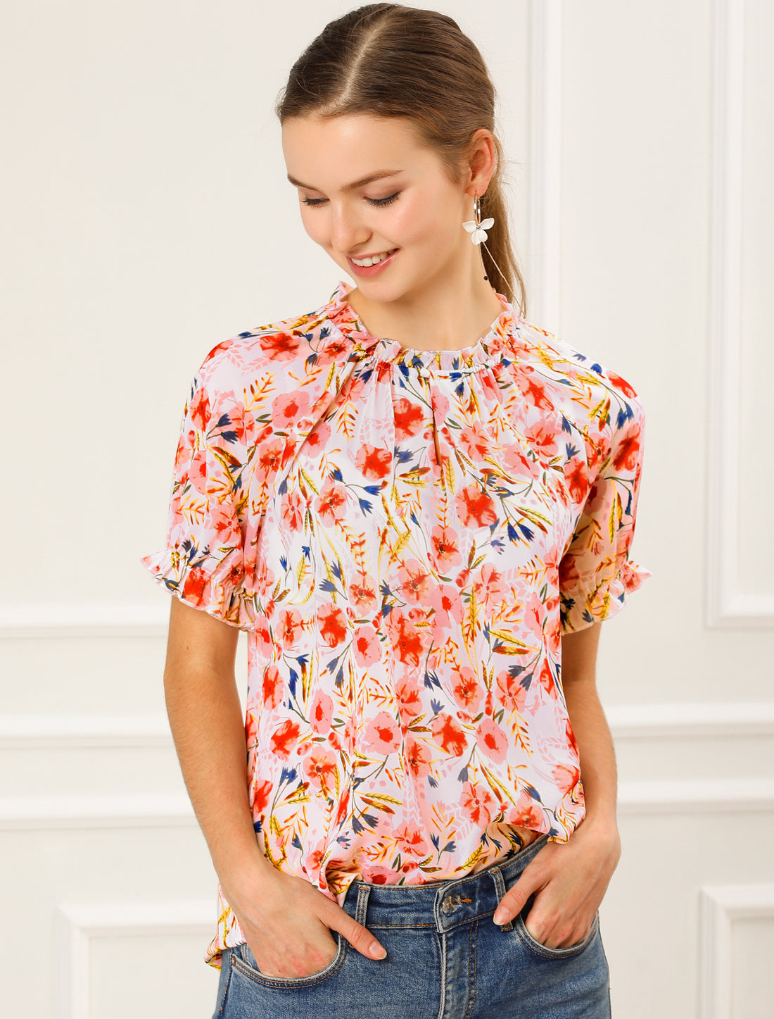 [PACK SALES] Women's 2 Pieces Floral Ruffled Short Sleeve Ruffle Neck Casual Blouses