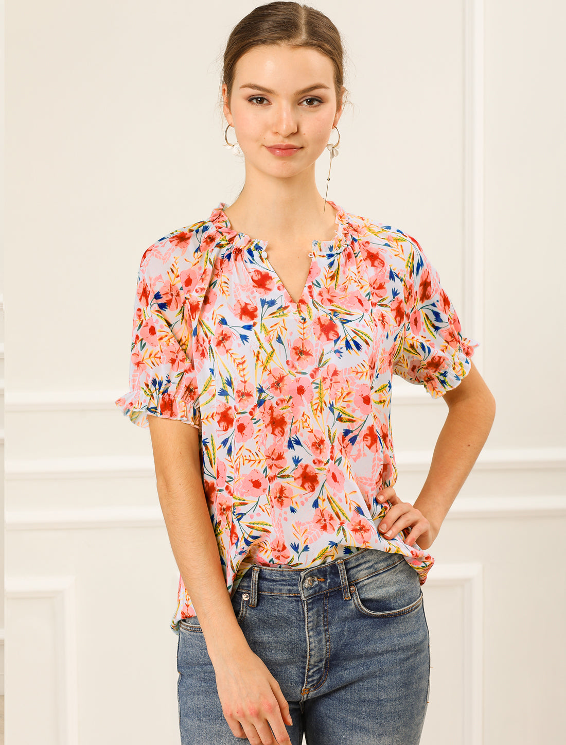 [PACK SALES] Women's 2 Pieces Floral Ruffled Short Sleeve Ruffle Neck Casual Blouses