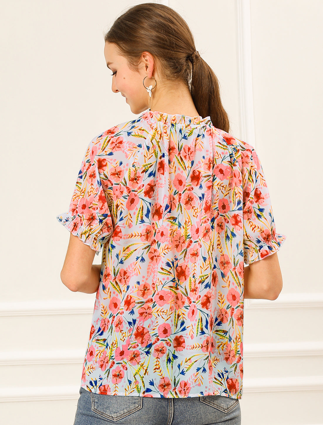 [PACK SALES] Women's 2 Pieces Floral Ruffled Short Sleeve Ruffle Neck Casual Blouses