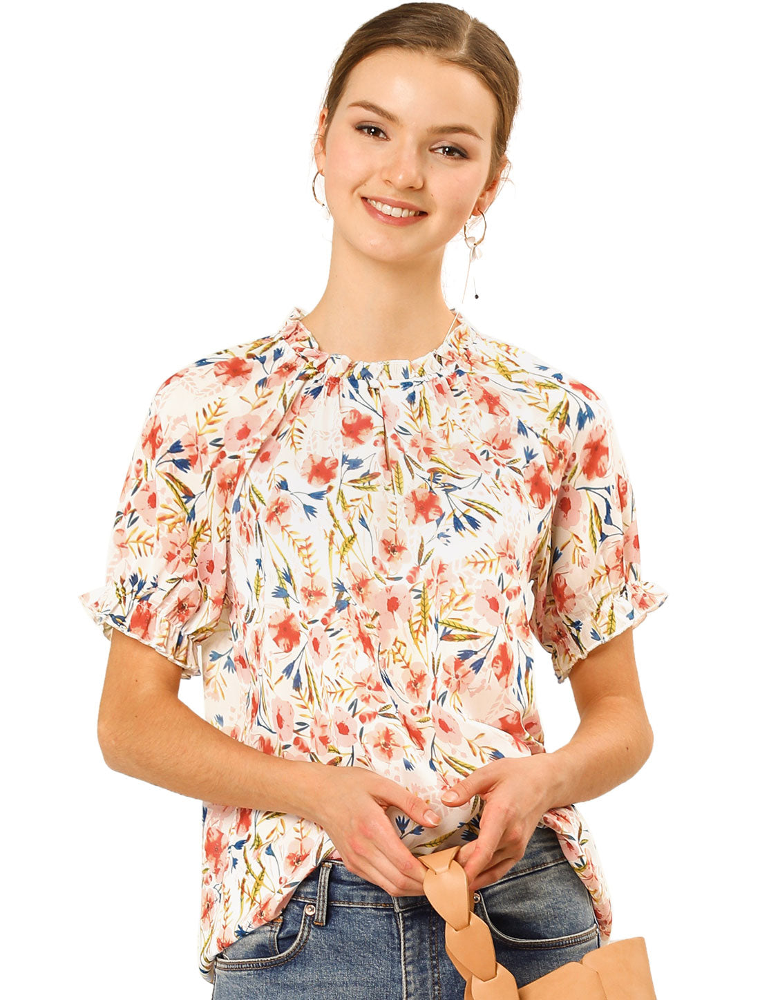Blusa informal de verano de manga corta con cuello alto y estampado floral con volantes para mujer