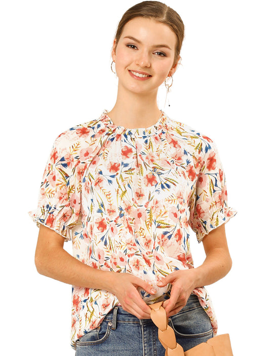 Blusa informal de verano de manga corta con cuello alto y estampado floral con volantes para mujer