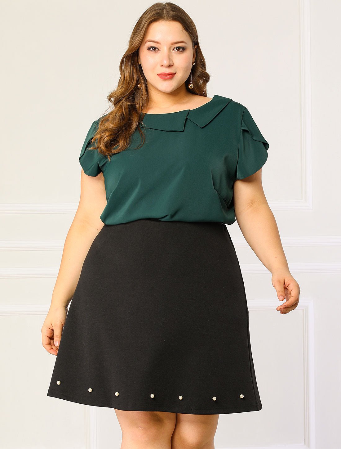 Women Plus Size Boat Lapel Neck Short Sleeve Chiffon Blouse Summer Top