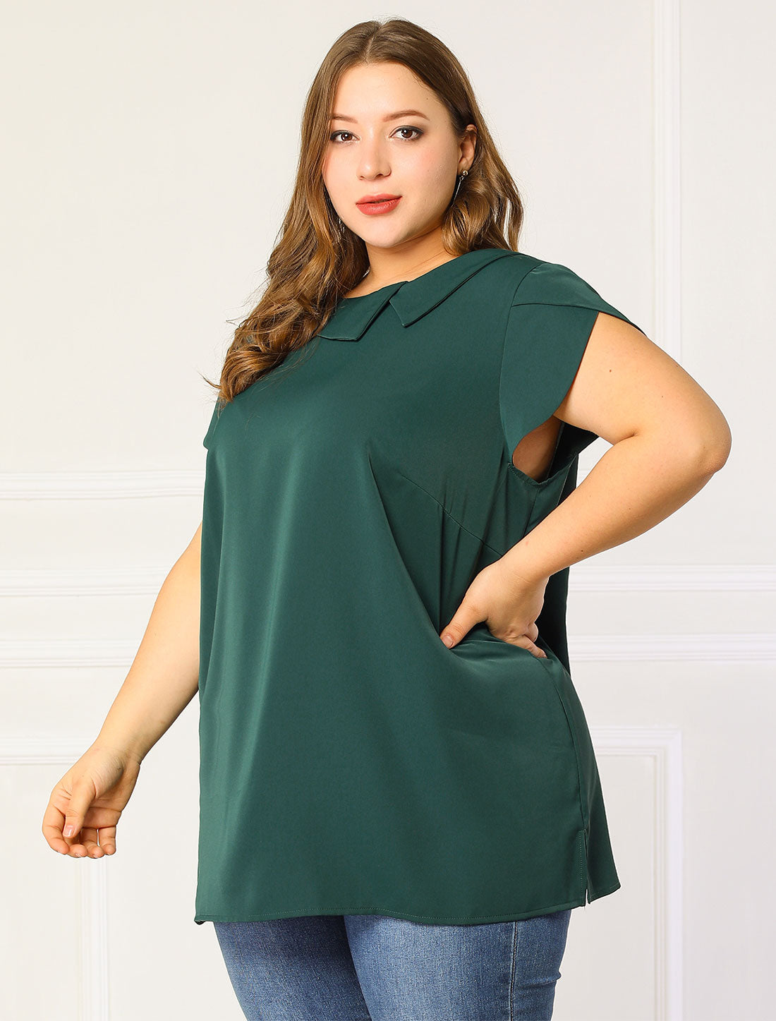 Women Plus Size Boat Lapel Neck Short Sleeve Chiffon Blouse Summer Top