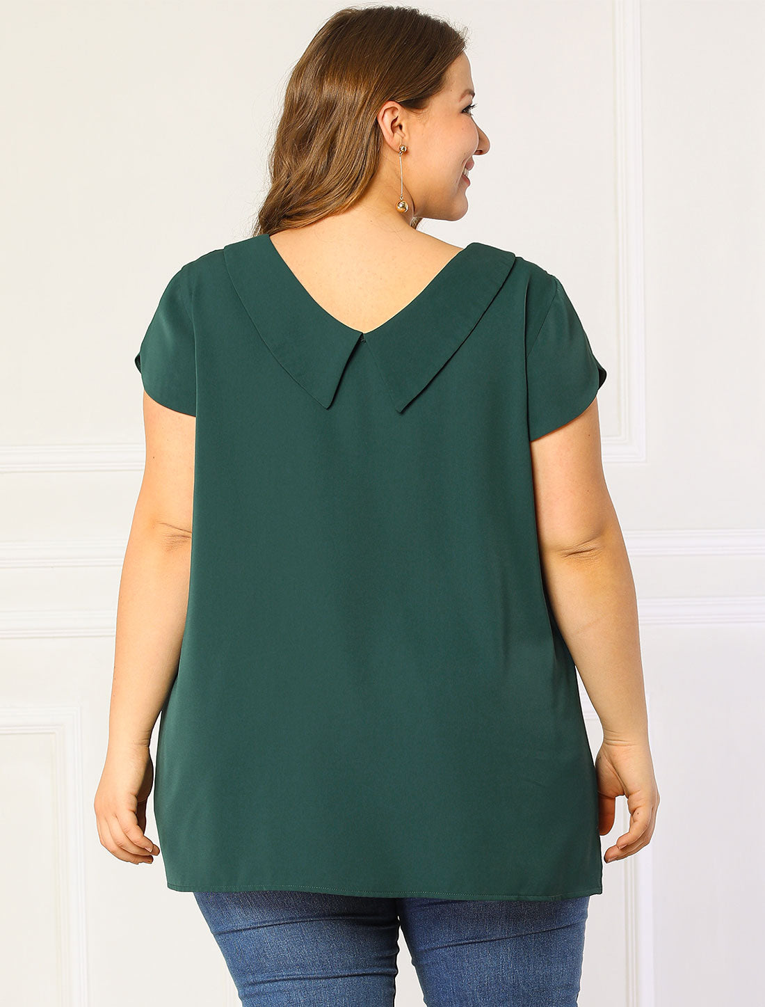 Women Plus Size Boat Lapel Neck Short Sleeve Chiffon Blouse Summer Top