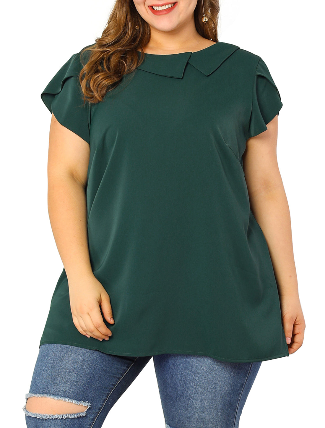 Women Plus Size Boat Lapel Neck Short Sleeve Chiffon Blouse Summer Top