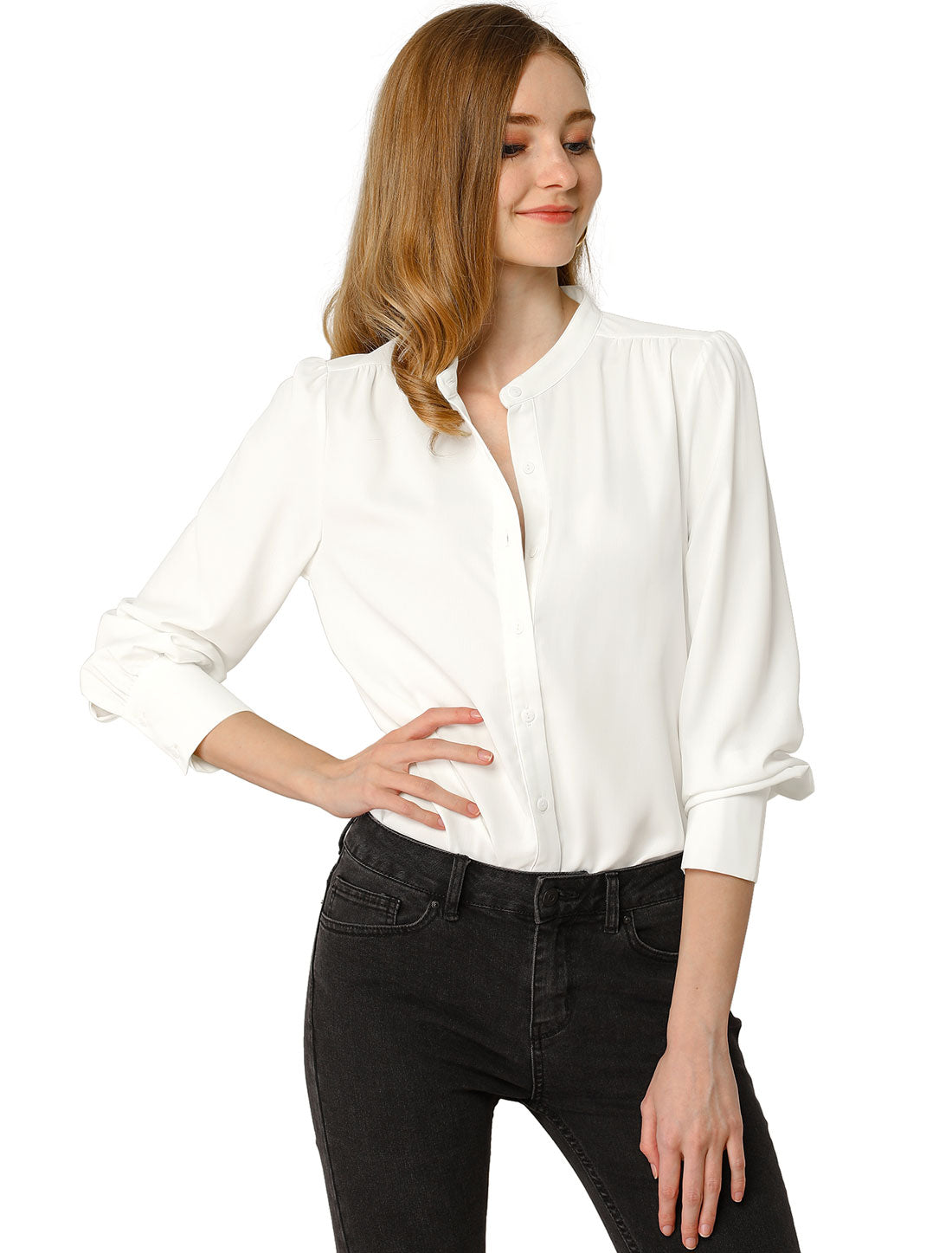 Women's Button Down Long Sleeve Mandarin Collar Work Shirt (Available in Plus Size)